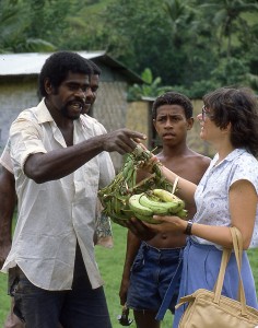 Buying bananas from Fiji roadside vendor